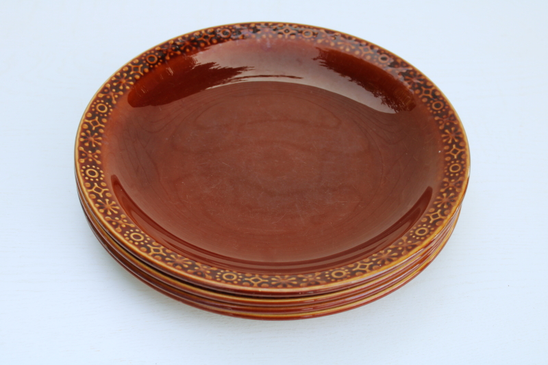 photo of Connemara Celtic mod vintage pottery made in Ireland, set of four dinner plates brown glaze #6