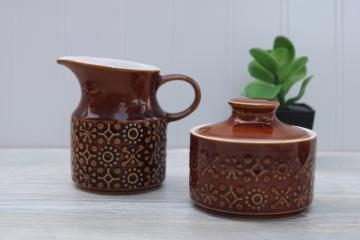 catalog photo of Connemara Celtic pattern brown earthenware cream and sugar set, mod vintage pottery made in Ireland