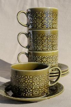 catalog photo of Connemara Celtic vintage Irish Erin green pottery cups & saucers set of four