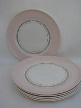 catalog photo of Coral Pink border, vintage American Limoges china dinner plates, set of 6