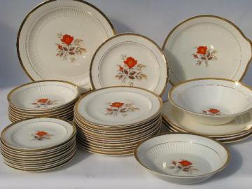 catalog photo of Coral-orange roses vintage china dishes, retro LaMode pottery dinnerware - plates, bowls, platters