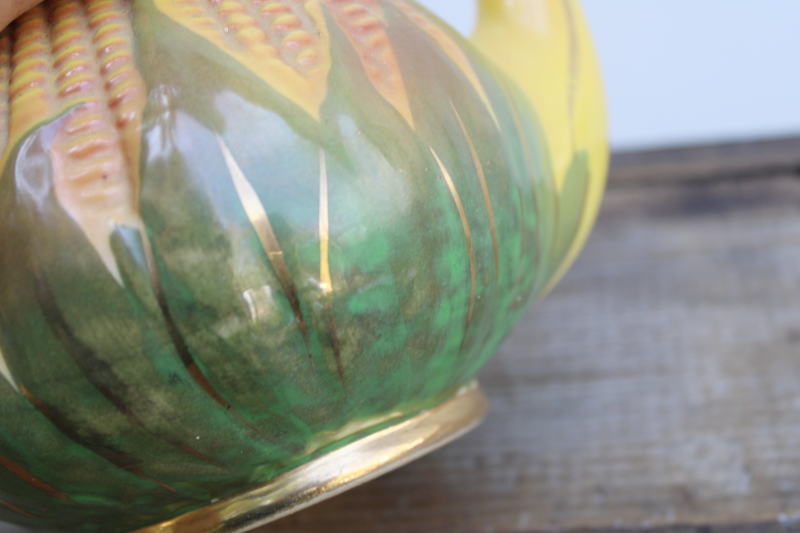 photo of Corn King vintage Shawnee pottery teapot, gold trim corn ware majolica style ceramic USA  #2