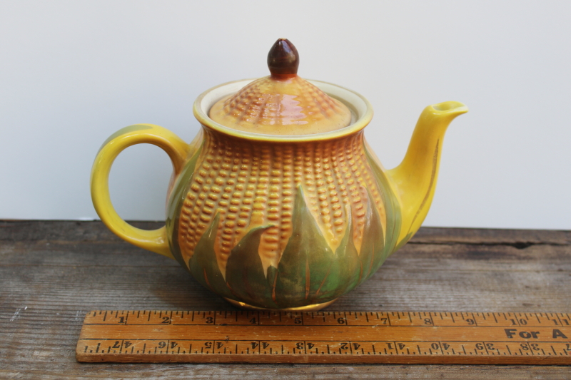 photo of Corn King vintage Shawnee pottery teapot, gold trim corn ware majolica style ceramic USA  #3