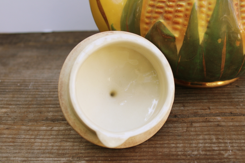 photo of Corn King vintage Shawnee pottery teapot, gold trim corn ware majolica style ceramic USA  #4