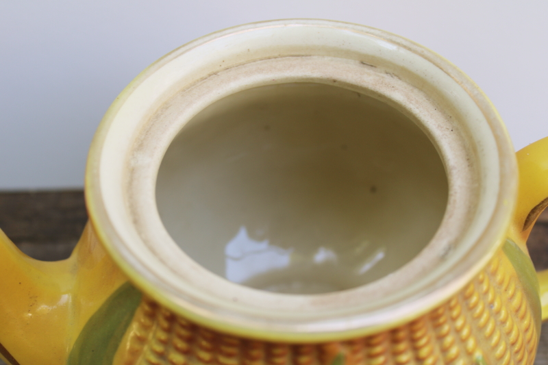 photo of Corn King vintage Shawnee pottery teapot, gold trim corn ware majolica style ceramic USA  #6