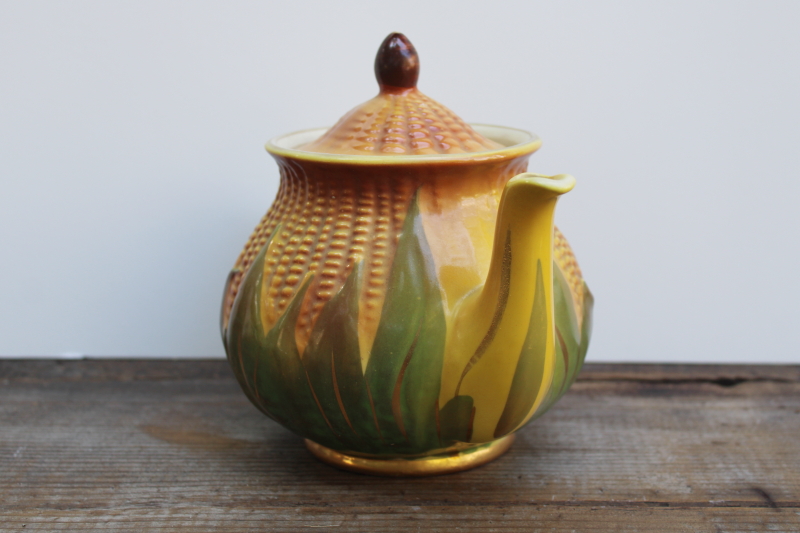 photo of Corn King vintage Shawnee pottery teapot, gold trim corn ware majolica style ceramic USA  #8