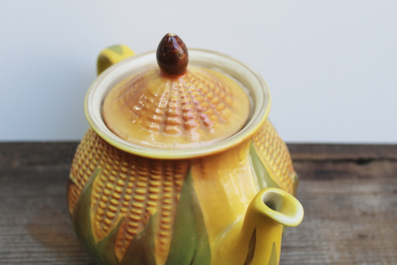 photo of Corn King vintage Shawnee pottery teapot, gold trim corn ware majolica style ceramic USA  #9