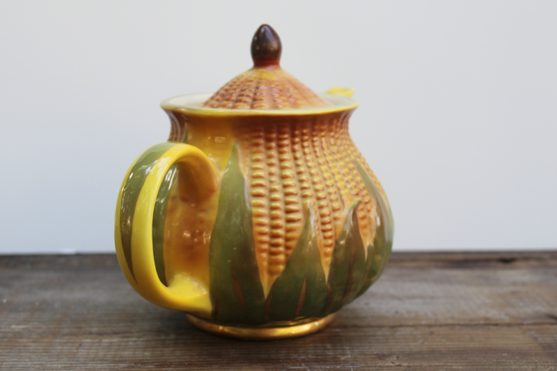 photo of Corn King vintage Shawnee pottery teapot, gold trim corn ware majolica style ceramic USA  #10