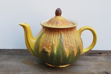 Corn King vintage Shawnee pottery teapot, gold trim corn ware majolica style ceramic USA 
