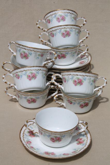 photo of Coronet Limoges vintage china bullion cups & saucers, set of 10 double handled soups #1