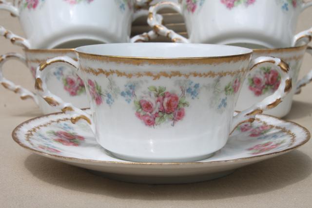 photo of Coronet Limoges vintage china bullion cups & saucers, set of 10 double handled soups #3