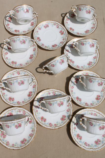 photo of Coronet Limoges vintage china bullion cups & saucers, set of 10 double handled soups #4