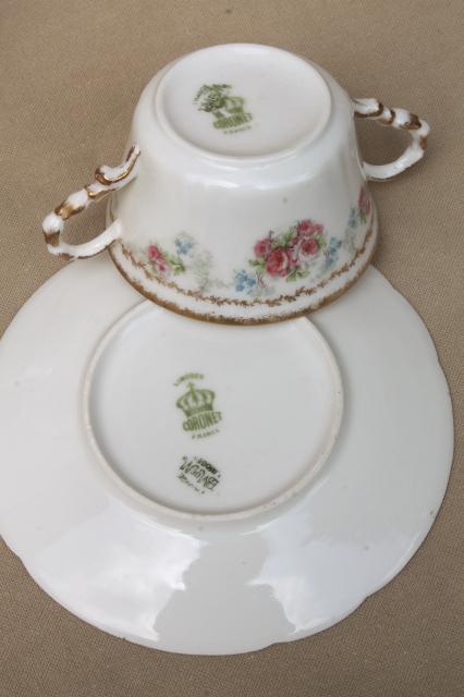 photo of Coronet Limoges vintage china bullion cups & saucers, set of 10 double handled soups #7