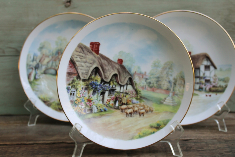 photo of Cottages of Rural England trio of vintage china plates English cottage scenes  #2