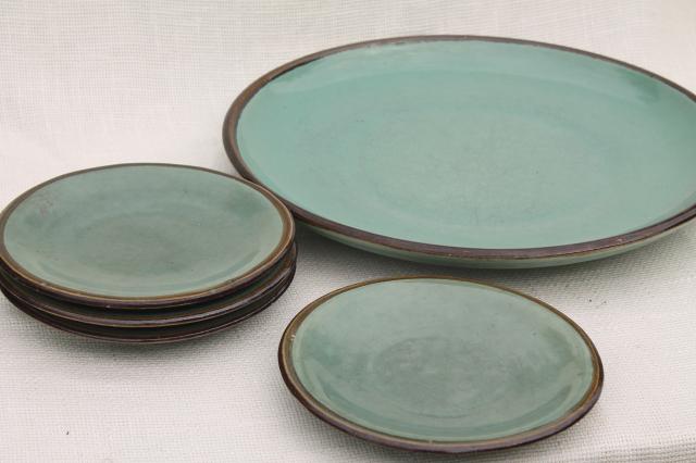 photo of Country Fare or Red Wing Village Green stoneware pottery, big platter & plates #2