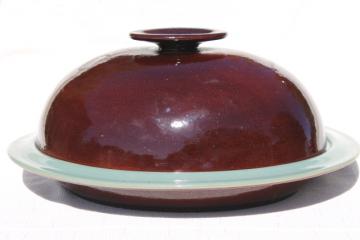 catalog photo of Country Fare or Red Wing Village Green stoneware pottery, large dome cover & deep platter