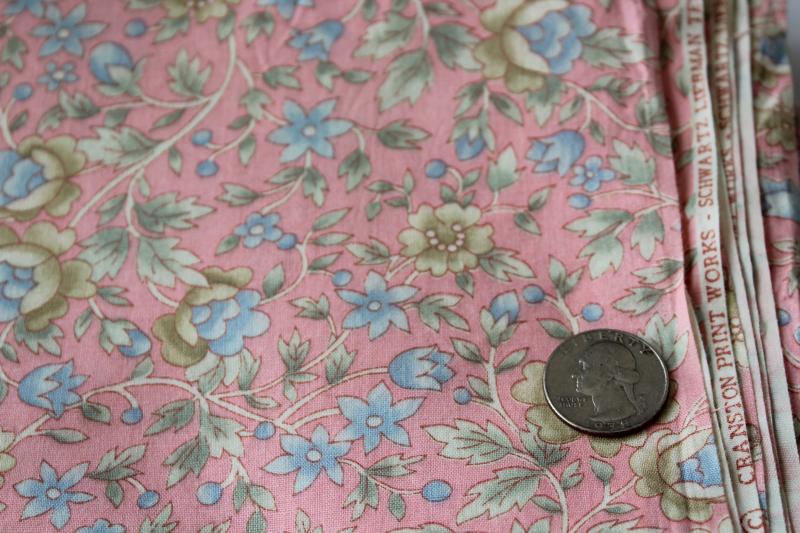 photo of Cranston Print Works Schwartz Liebman vintage cotton fabric, print floral blue on blush pink #2