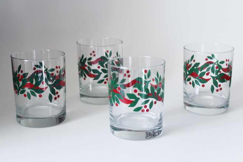 photo of Crate and Barrel Christmas holly old fashioned glasses, vintage lowballs set #1