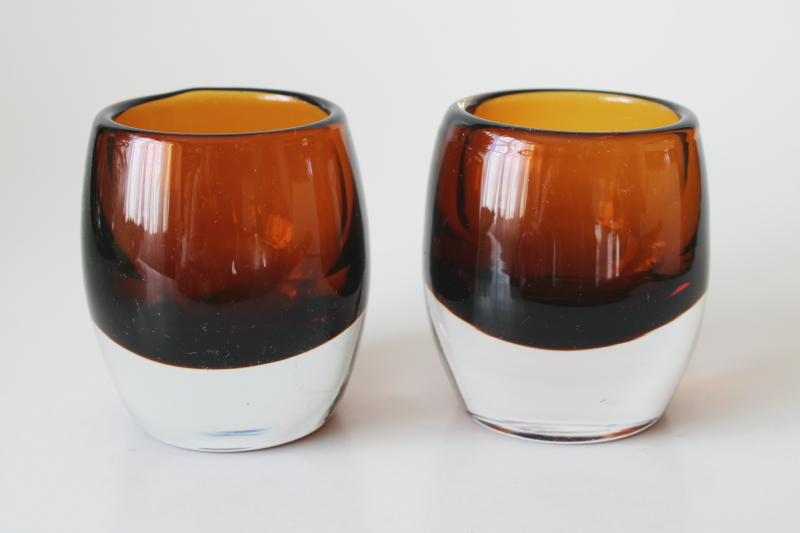 photo of Crate and Barrel Diva candle holder votives pair, Poland art glass amber brown & crystal clear  #1