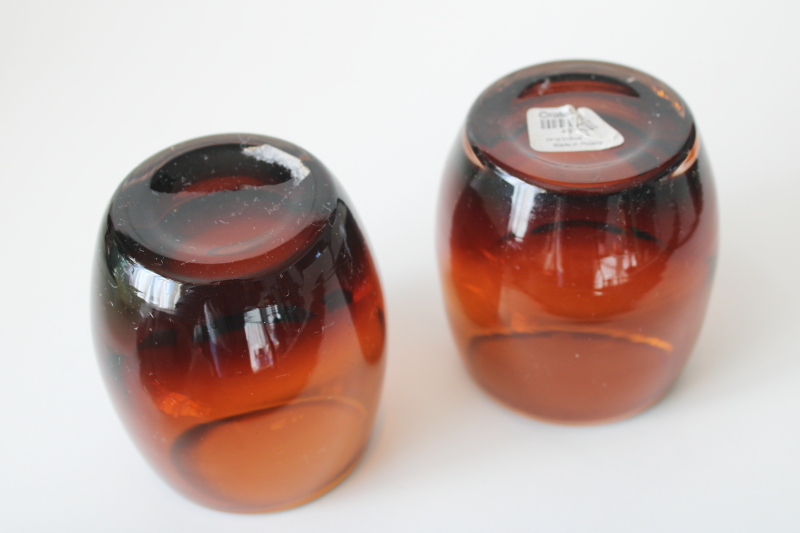 photo of Crate and Barrel Diva candle holder votives pair, Poland art glass amber brown & crystal clear  #2