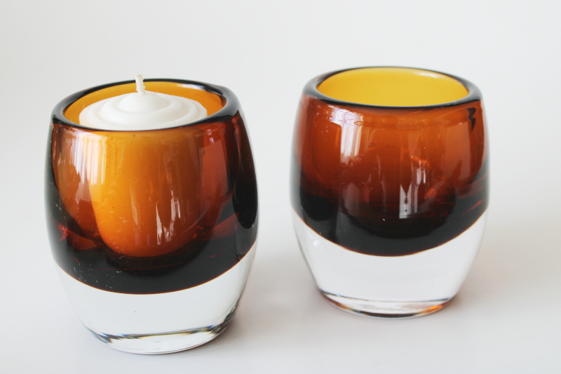photo of Crate and Barrel Diva candle holder votives pair, Poland art glass amber brown & crystal clear  #4