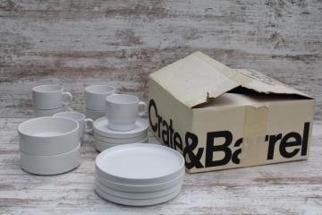 catalog photo of Crate & Barrel vintage Trend Pacific Japan all white dinnerware, Bauhaus minimalist mod stackable dishes 