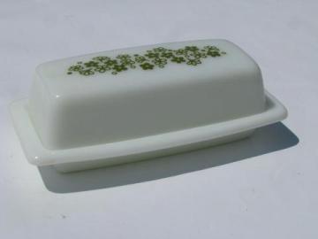 catalog photo of Crazy Daisy retro green flowers vintage Pyrex glass covered butter dish