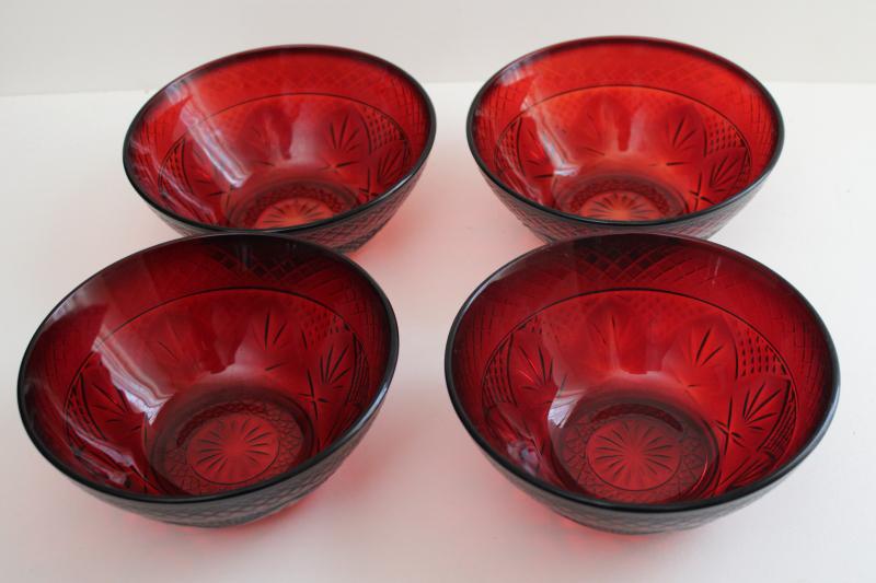 photo of Cris d'Arques ruby red glass bowls set of four, 1990s vintage Antique pattern #2