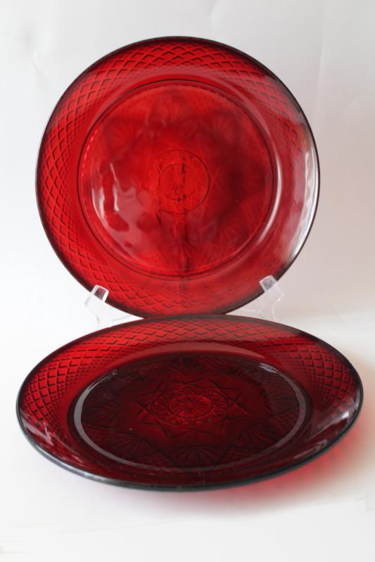 photo of Cris d'Arques ruby red glass dinner plates, 1990s vintage Antique pattern #1