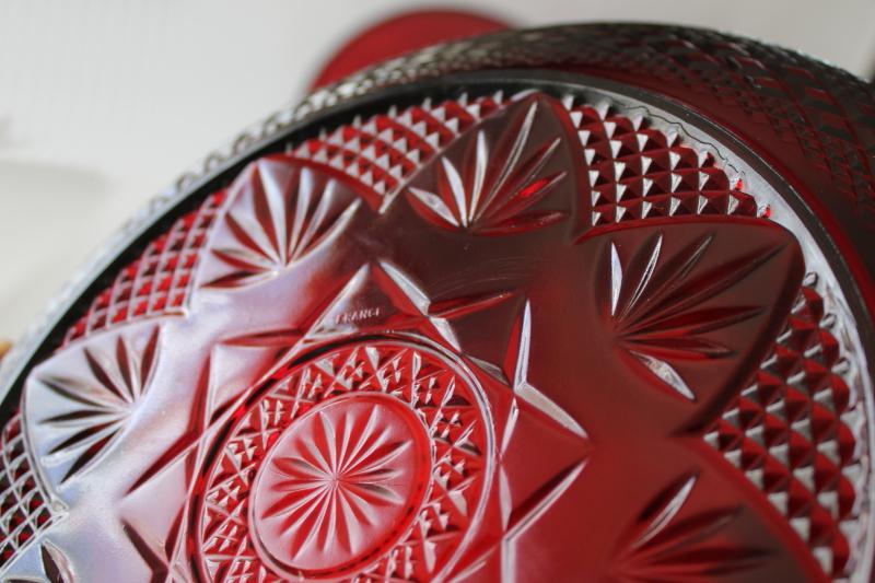 photo of Cris d'Arques ruby red glass dinner plates, 1990s vintage Antique pattern #5