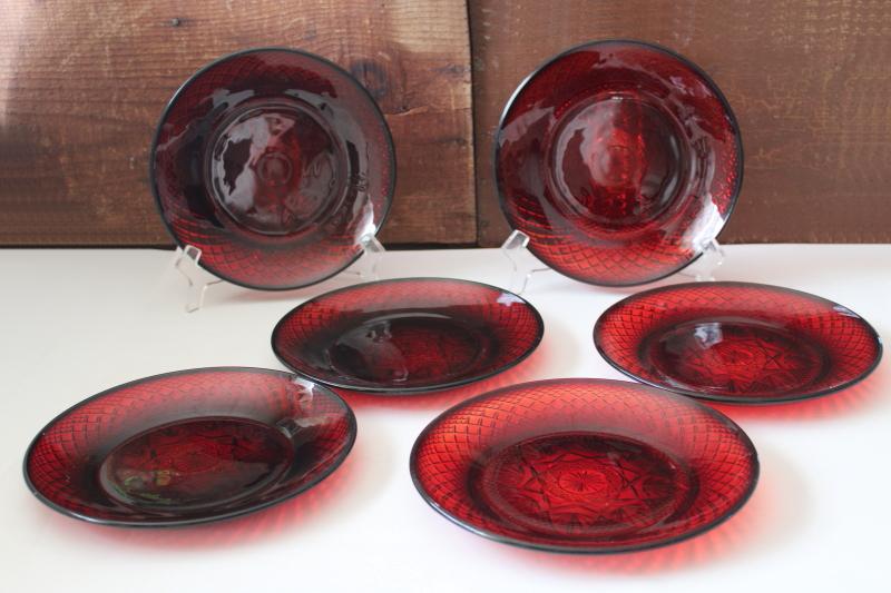 photo of Cris d'Arques ruby red glass salad plates set of six, 1990s vintage Antique pattern #1