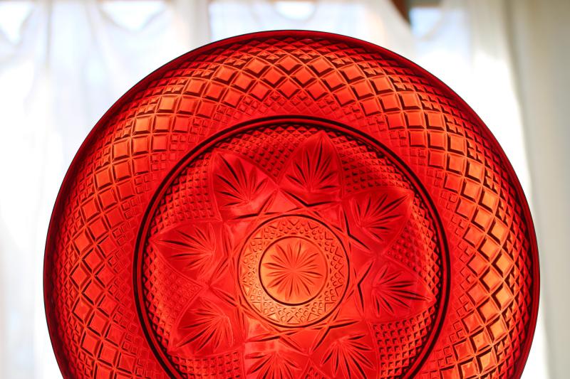 photo of Cris d'Arques ruby red glass salad plates set of six, 1990s vintage Antique pattern #2