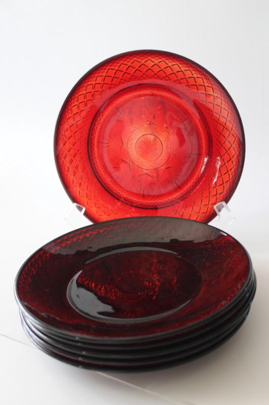 photo of Cris d'Arques ruby red glass salad plates set of six, 1990s vintage Antique pattern #4