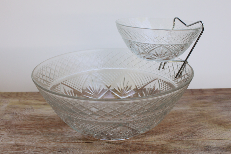 photo of Cristal dArques Arcoroc Antique pattern clear glass bowls chip & dip set w/ wire rack #1