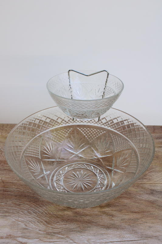 photo of Cristal dArques Arcoroc Antique pattern clear glass bowls chip & dip set w/ wire rack #2