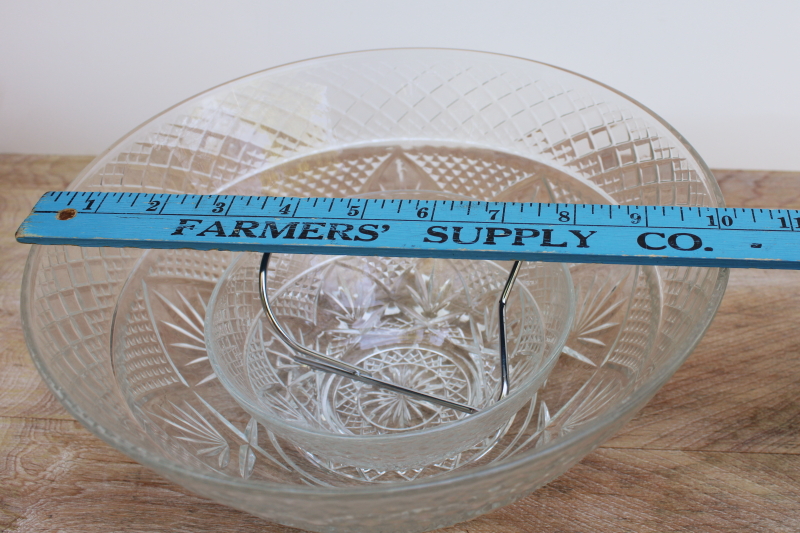 photo of Cristal dArques Arcoroc Antique pattern clear glass bowls chip & dip set w/ wire rack #6