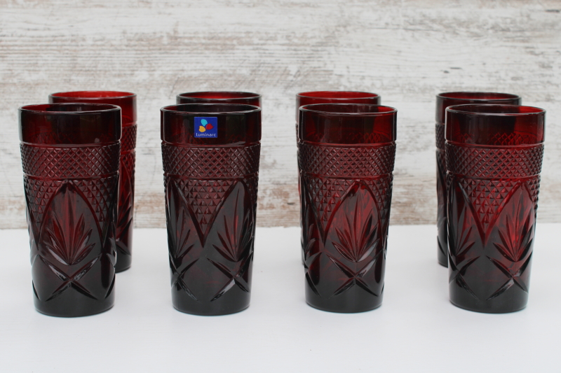 photo of Cristal d'Arques Arcoroc ruby red antique pattern drinking glasses, tall tumblers coolers set of 8 #1