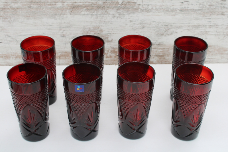 photo of  Cristal d'Arques Arcoroc ruby red antique pattern drinking glasses, tall tumblers coolers set of 8  #2