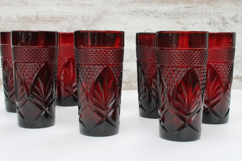 photo of  Cristal d'Arques Arcoroc ruby red antique pattern drinking glasses, tall tumblers coolers set of 8  #7