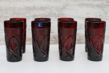 catalog photo of  Cristal d'Arques Arcoroc ruby red antique pattern drinking glasses, tall tumblers coolers set of 8 