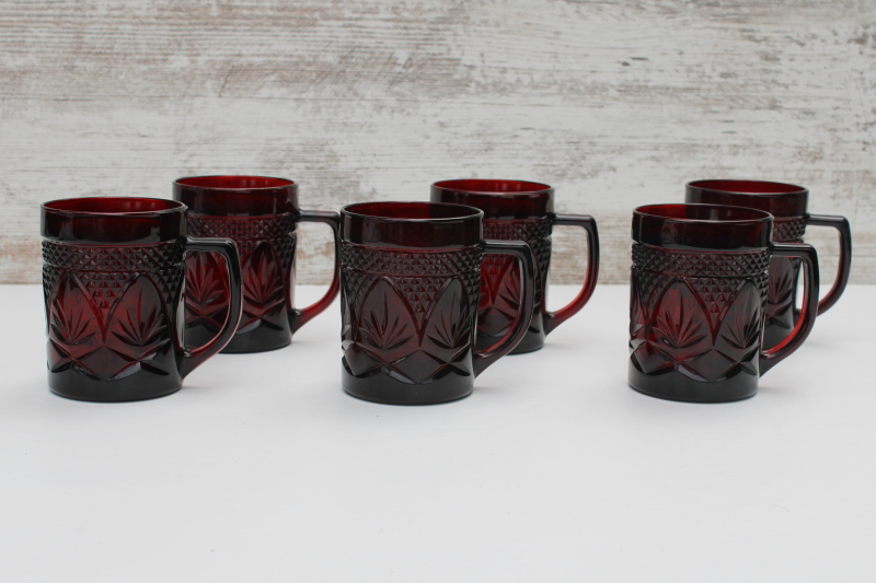 photo of Cristal d'Arques Arcoroc ruby red antique pattern glass mugs, vintage glassware set #1