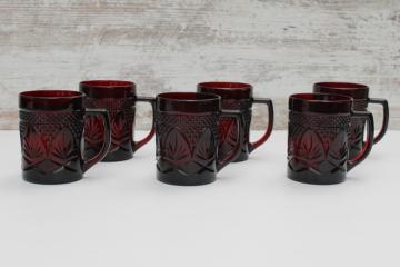 catalog photo of  Cristal d'Arques Arcoroc ruby red antique pattern glass mugs, vintage glassware set 