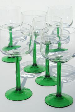 catalog photo of Cristal d'Arques France hock wine glasses, crystal clear bowl w/ green stem