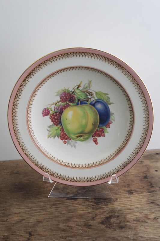 photo of Crown Ducal England vintage china fruit plate, pink & buff brown border w/ gold #1