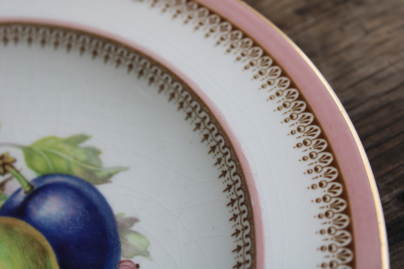 photo of Crown Ducal England vintage china fruit plate, pink & buff brown border w/ gold #3