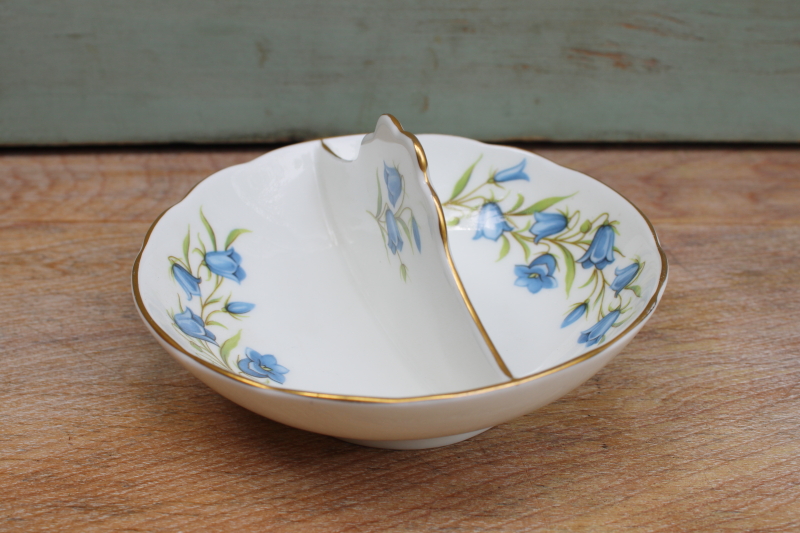 photo of Crown Staffordshire Bluebells vintage England bone china, double salt dip or ring dish #1