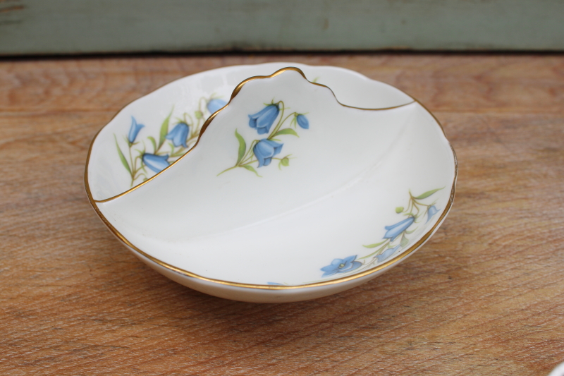 photo of Crown Staffordshire Bluebells vintage England bone china, double salt dip or ring dish #2