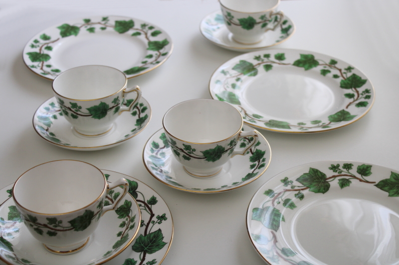 photo of Crown Staffordshire bone china, green vine ivy pattern vintage tea cups & saucers w/ plates #1