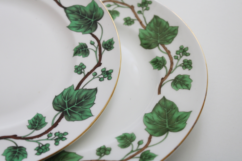 photo of Crown Staffordshire bone china, green vine ivy pattern vintage tea cups & saucers w/ plates #3