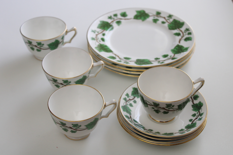 photo of Crown Staffordshire bone china, green vine ivy pattern vintage tea cups & saucers w/ plates #5